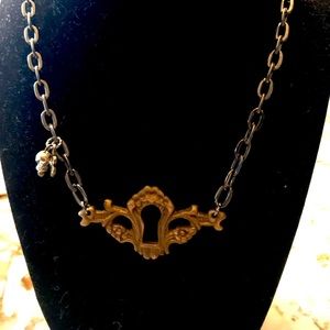 Artisan One of a Kind Antique Brass Keyhole Necklace;Crystals;Gunmetal Chain;NEW